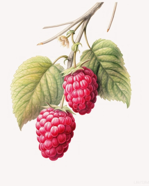 Une framboise sur une branche avec des feuilles et une baie rouge sur le fond.