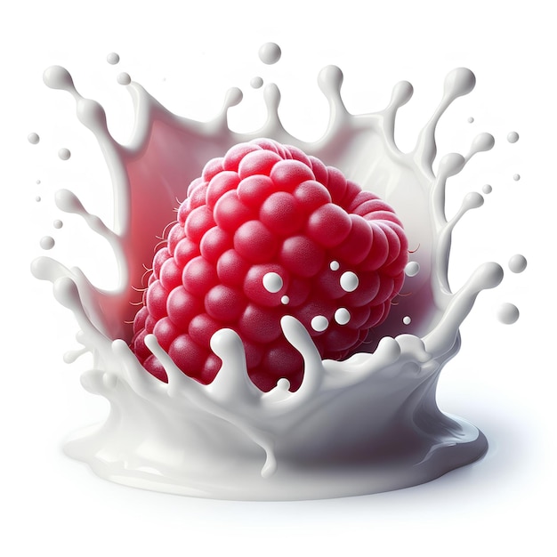 framboise avec éclaboussure de lait isolée sur fond blanc