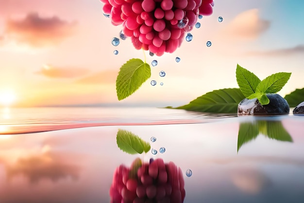 Une framboise flottant dans l'eau avec des gouttes d'eau flottant dans l'air