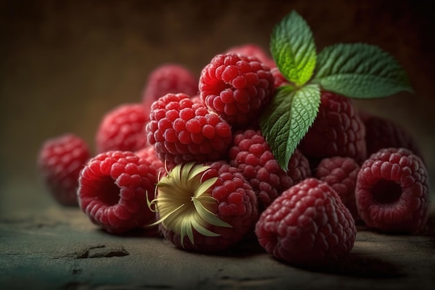 Framboise fraîche avec des feuilles sur fond de bois