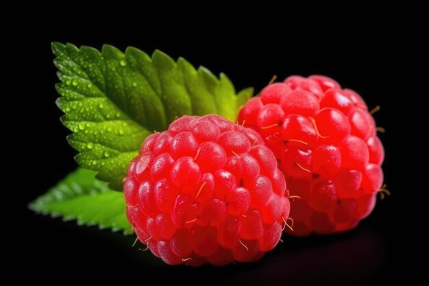 Framboise mûre avec feuille verte isolée sur fond noir