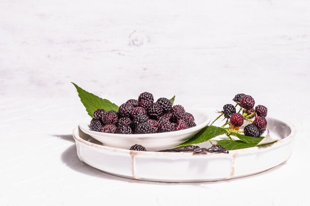 Framboise noire dans un bol blanc. Fruits biologiques mûrs sur fond de mastic blanc. Une lumière dure à la mode, une ombre sombre, un espace de copie