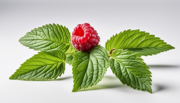 Une framboise rouge sur une plante à feuilles