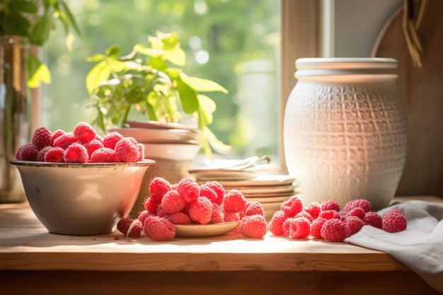 Des framboises baisées sur du bois rustique, des vaisselles en céramique, des serviettes en lin, une serviette, une ambiance de campagne confortable et douce.