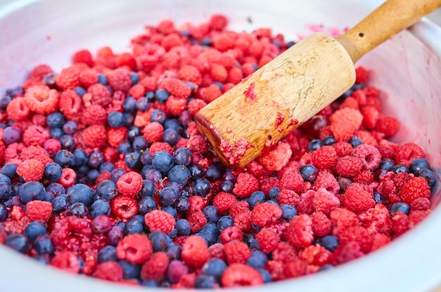 Framboises et cassis dans un bol avec un poussoir