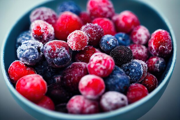 Framboises cerises et baies congelées dans un bol sur la table