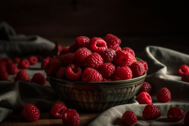 Framboises dans un bol avec un chiffon gris