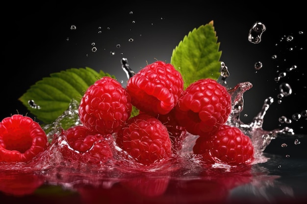 Framboises dans l'eau avec un peu d'eau