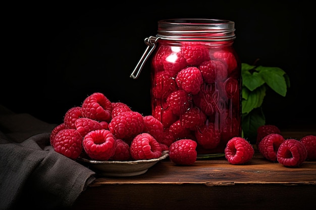 Des framboises dans un pot de maçon avec un ruban attaché autour.