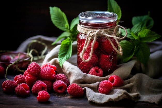 Des framboises dans un pot de maçon avec un ruban attaché autour.