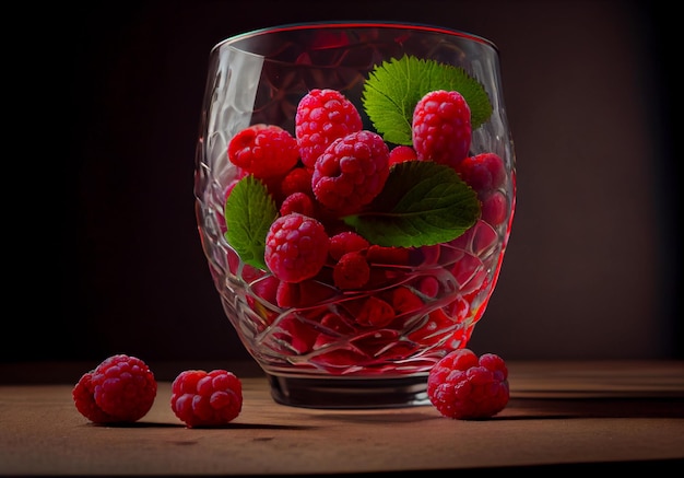 Framboises dans un verre cueillant des baies