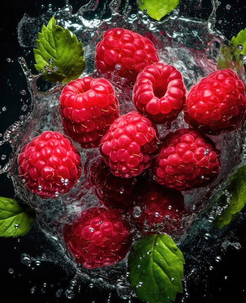 des framboises éclaboussées de liquide