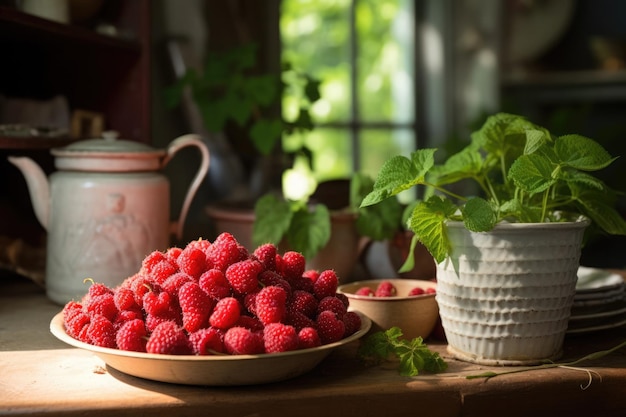 Les framboises éclairées par le soleil dans la cuisine vintage évoquent une maison confortable