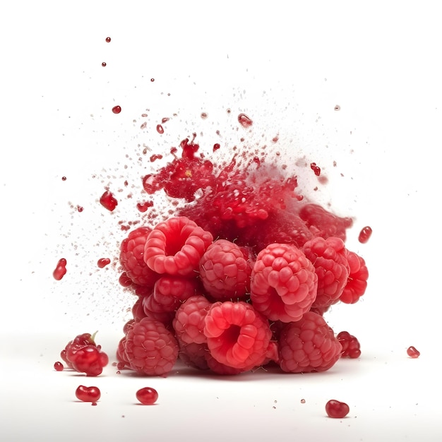 des framboises explosant explosion éclaboussant avec de l'eau dans l'air