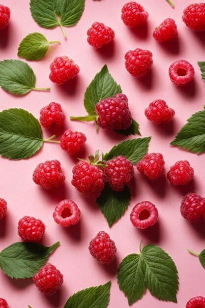 Des framboises et des feuilles sur un fond rose vif