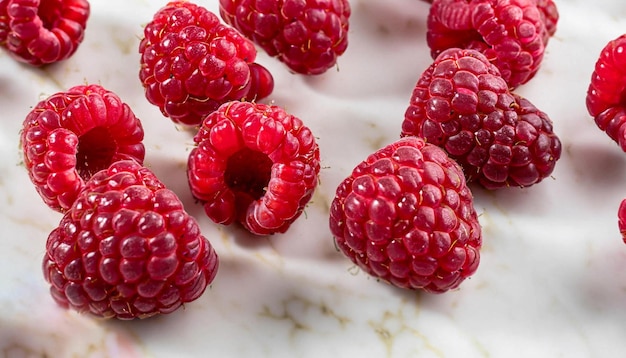 Framboises fraîches éparpillées sur fond de marbre blanc