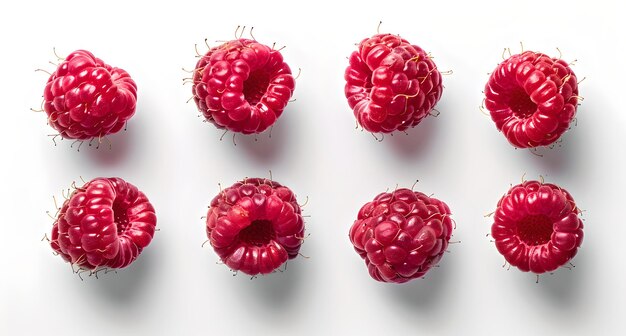 Photo des framboises fraîches isolées sur un fond blanc vue supérieure des baies juteuses et mûres parfaites pour des concepts d'aliments sains et des friandises d'été une simplicité et une fraîcheur rouges vibrantes capturées par l'ia