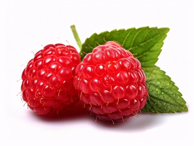 Framboises fraîches et juteuses avec des feuilles sur un fond blanc propre Generative AI