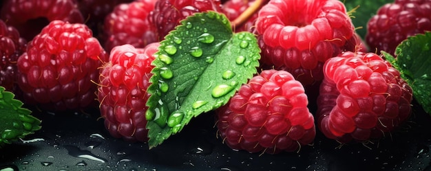 Des framboises fraîches mûres, des fruits bio sains, des aliments, des concepts de jardinage, des bannières panoramiques génératives Ai