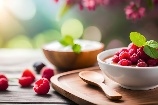 framboises et framboises dans un bol sur une table en bois.