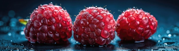 Framboises avec gouttelettes sur fond bleu AI générative