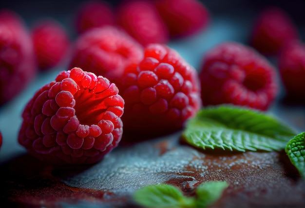 Framboises groupées sur fond sombre AI générative