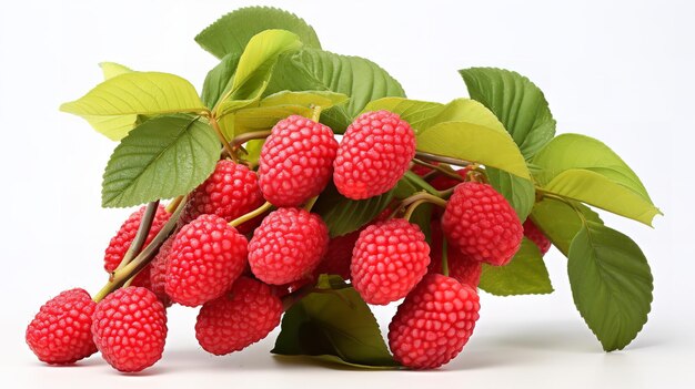 Photo framboises juteuses avec une branche isolée sur fond blanc