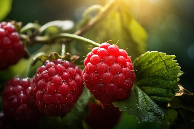 Des framboises macro mûres sur une branche dans le jardin