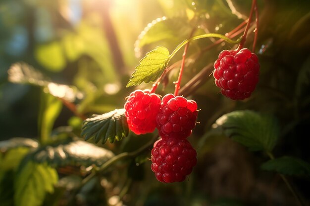 Photo des framboises macro mûres sur une branche