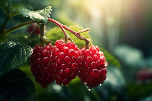 Photo des framboises macro mûres sur une branche