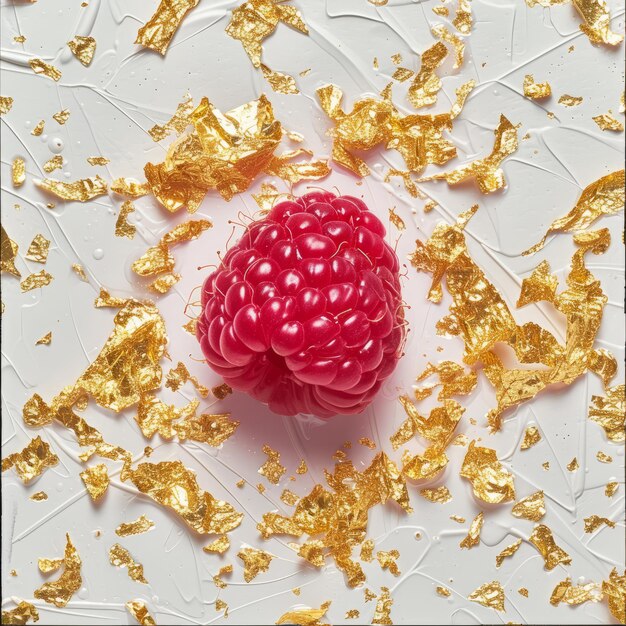 Photo framboises avec des morceaux de papier d'or sur un fond blanc