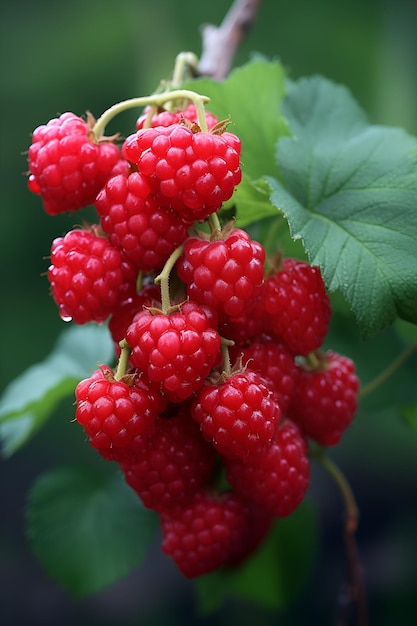 Des framboises mûres sur une branche avec des feuilles dans le jardin