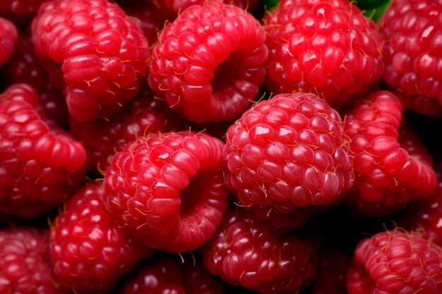 Des framboises mûres avec des feuilles en gros plan