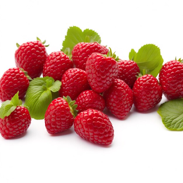 Framboises mûres savoureuses sur fond blanc