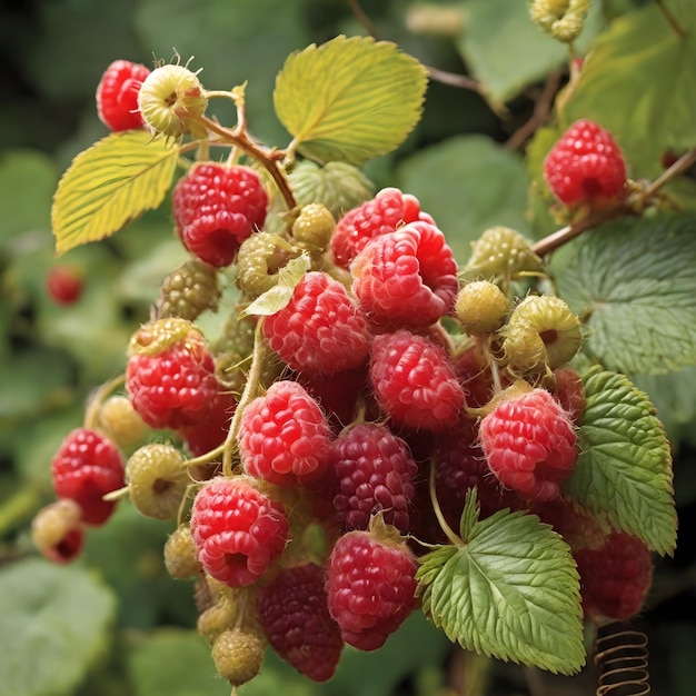 Des framboises mûres et sucrées ornent une branche de jardin