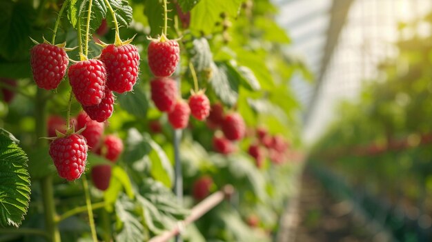 Des framboises qui poussent dans une serre