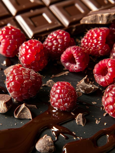 Des framboises riches en chocolat et un mélange de chocolat