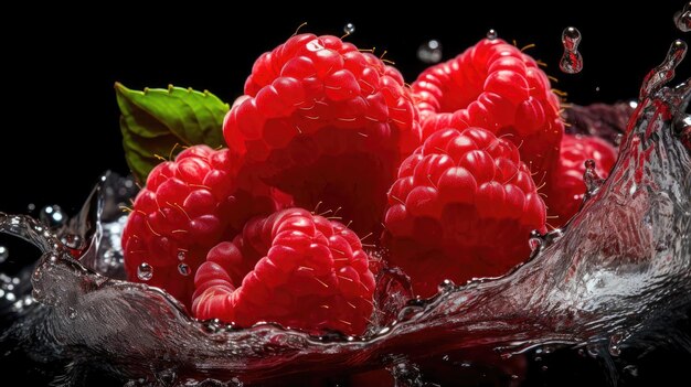 framboises rouges fraîches éclaboussées d'eau sur fond noir et flou