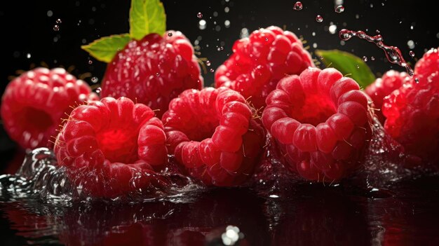 Framboises rouges fraîches éclaboussées d'eau sur fond noir et flou