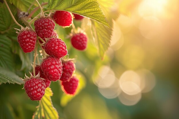 Des framboises succulentes poussant sur une branche à la lumière du soleil dans un jardin en gros plan