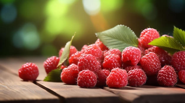 Des framboises sur une table en bois