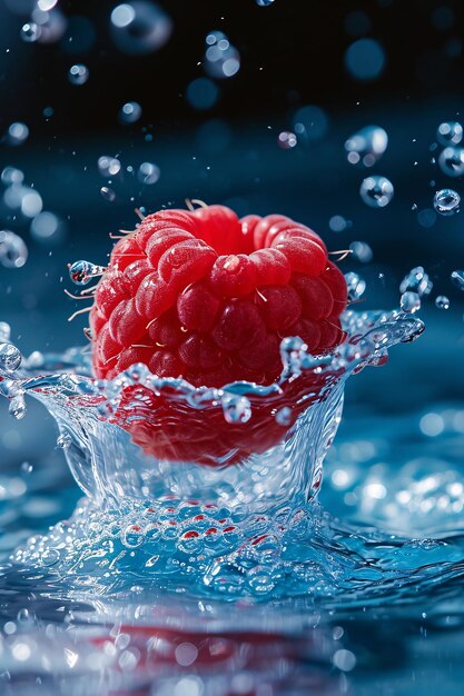 Les framboises tombent dans l'eau.