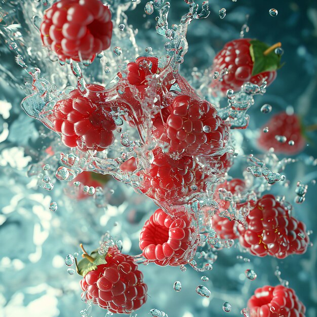 Les framboises tombent dans l'eau.