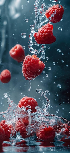 Des framboises tombent dans l'eau