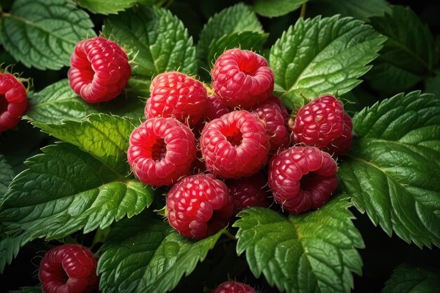 Des framboises vives sur un fond vert luxuriant