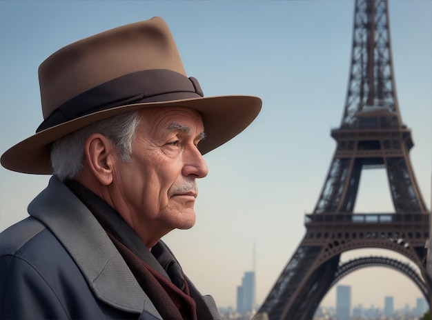 Un Français à la retraite avec un chapeau sur le fond de la Tour Eiffel par Generative AI