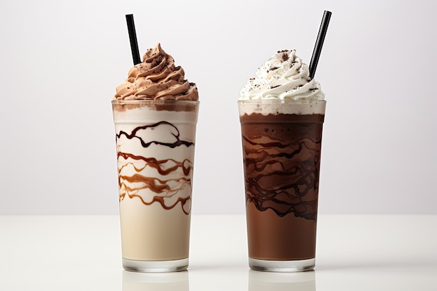 Frappe au chocolat et Frappuccino avec paille isolé sur fond blanc