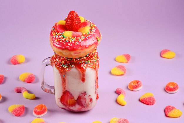 Freakshake. Milk-shake extrême avec fraise, bonbons à la gelée, beignet.