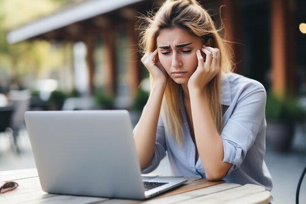 Une freelance blanche est assise devant un ordinateur portable avec sa tête dans ses mains.