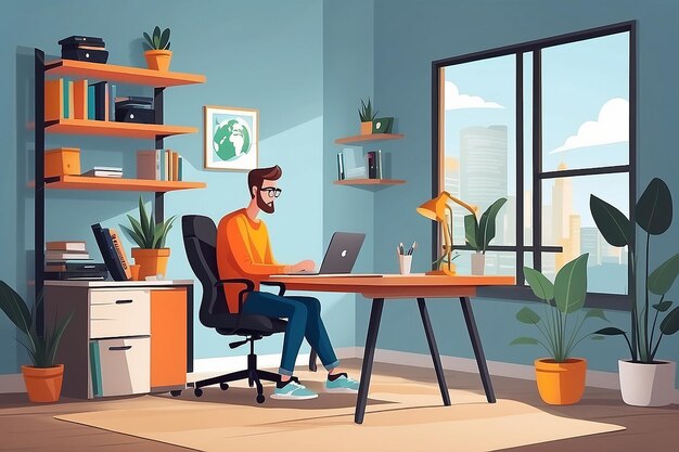 Freelance masculin travaillant à distance depuis son bureau Illustration vectorielle de concept freelance dans un style plat Bureau à domicile lieu de travail Achats en ligne